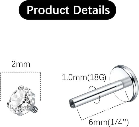 Oveta Titanium Flat Back Studs Earrings for Tragus Cartilage Piercing Jewelry Internally Threaded Nose Rings Studs 18G 16G, Silver/Gold, 2PCS in Saudi Arabia