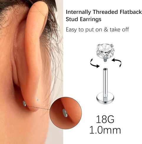 Oveta Titanium Flat Back Studs Earrings for Tragus Cartilage Piercing Jewelry Internally Threaded Nose Rings Studs 18G 16G, Silver/Gold, 2PCS in Saudi Arabia