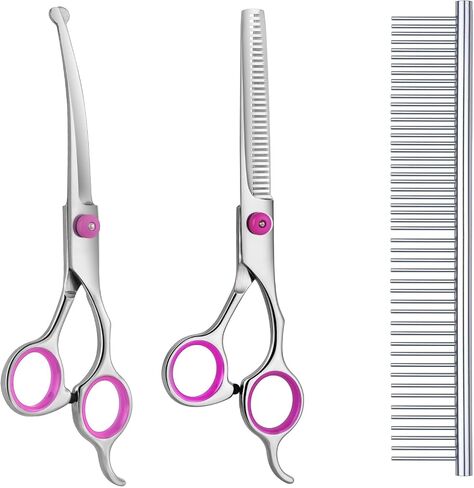 Maxshop Dog Grooming Scissors with Safety Round Tips, Heavy Duty Titanium Pet Grooming Trimmer Kit, Professional Thinning Shears, Curved Scissors with Comb for Dogs and Cats (Set of 3) in Kuwait