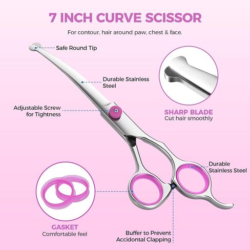 Maxshop Dog Grooming Scissors with Safety Round Tips, Heavy Duty Titanium Pet Grooming Trimmer Kit, Professional Thinning Shears, Curved Scissors with Comb for Dogs and Cats (Set of 3) in Kuwait