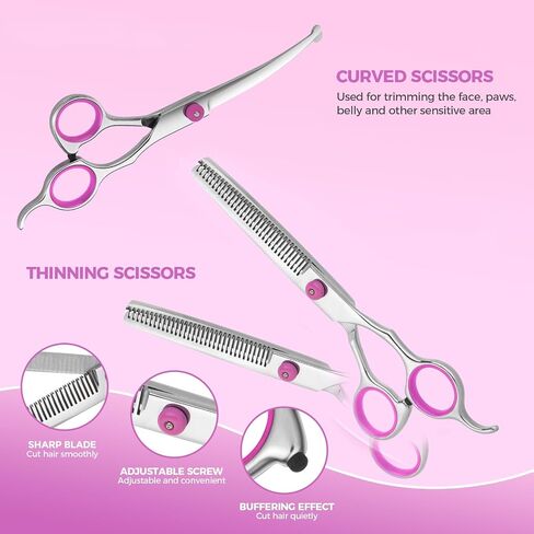 Maxshop Dog Grooming Scissors with Safety Round Tips, Heavy Duty Titanium Pet Grooming Trimmer Kit, Professional Thinning Shears, Curved Scissors with Comb for Dogs and Cats (Set of 3) in Kuwait