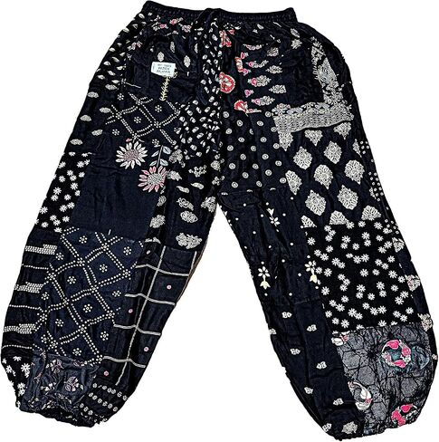 KRAAFTY Patchwork Harem Pants with Side Pocket, Unisex Rayon Hippie Boho Pant, Super Comfy, Elastic Ankles Closure, Festival Clothing, Harem Pant for Yoga, Casual Wear, Plus Pink in Kuwait