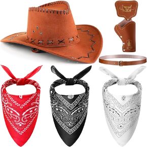 6 Pcs Western Cowboy Costume Set Including Cowboy Hats and 3 Pcs Bandana Belt Leather Case for Halloween Costume