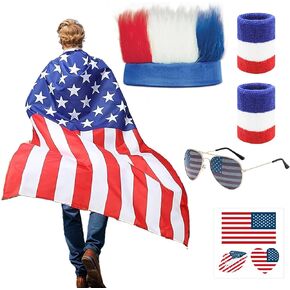 American Flag Costume Cape, 4th of July Patriotic Accessories Flag Headband Wristbands Sunglasses for Men Women Independence Day Celebration Halloween Party