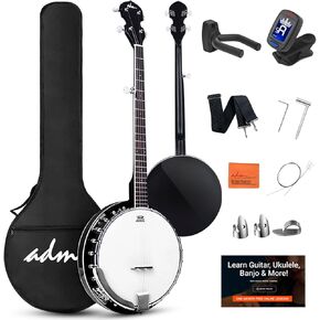 ADM Banjo 5 String Full Size Banjoes Set, Remo Drum Geared 5th Tuner Beginner Banjo Kit with Resonator Open or Closed Back, Gift Package, Free Lessons Starter Accessories for Adult Teenager,Large Size