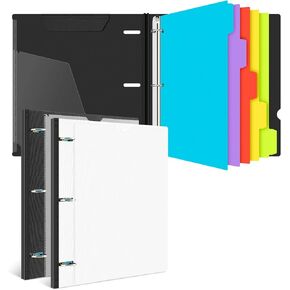 مجلد 3 حلقات متداخل مقاس 1 بوصة - 4 قطع، 3 حلقات قابلة لإعادة الملء مع 5 فواصل ألوان، مجلد بلاستيكي مع غطاء أمامي قابل للتخصيص وجيب مجلد - أبيض وأسود in Kuwait