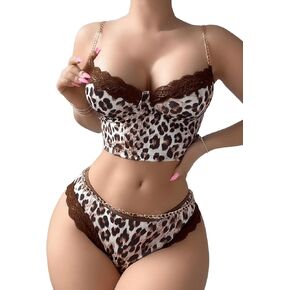 SOLY HUX Women's Leopard Print Lace Lingerie Set Chain Bra and Panty Underwear Sets