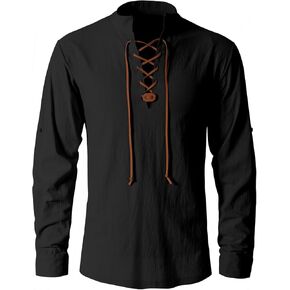 Men's Retro Viking Pirate Medieval Renaissance Steampunk Long Sleeved Lace Up Cotton Linen Henry Shirt Scottish Style Tops