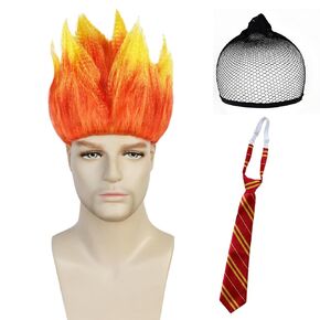 Anogol Fire Wig+1 Tie+ Hair Cap Anger Wig Flame Wig Orange Spiky Wig Short Fire Cosplay Wig Mens Synthetic Wig Anime Outfit for Halloween Party Wig