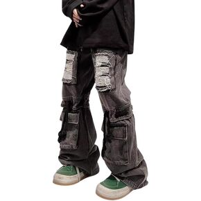Mens Cargo Pants Ripped Baggy Jeans Y2K Elastic Waist Straight Leg Pants 90S Vintage Streetwear Grunge Clothes.