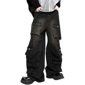 Mens Cargo Pants Ripped Baggy Jeans Y2K Elastic Waist Straight Leg Pants 90S Vintage Streetwear Grunge Clothes.