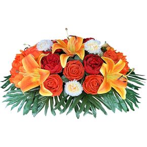 HENOMO Headstone Flower Saddles for Graves, Colors - Non Bleed,Cemetery Flower-Orange Poney and Lily Mix Arrangement,Outdoor Tombstone Memorial Decorations, Easy Fit