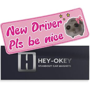 New Driver Magnet for Car - Funny Cute Hamster Please Be Patient Reflective Magnetic Bumper Sticker - Removable Novice Rookie Safety Caution Sign - Weather-Resistant 10 x 3.5 in - Baby Blue