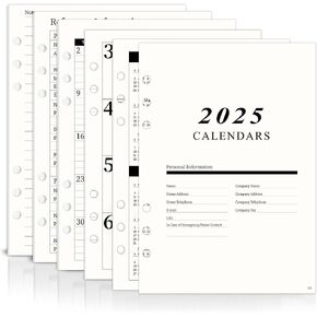2025 A5 Weekly & Monthly Planner Binder Refill Insert 5.8"x8.3", 100GSM Paper, Sunday Start, 6 Hole Punched for Refillable A5 Binder with Calendar, Contact Pages and Notes