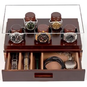 Watch Box for Men, Watch Display Case - 5 Slot, Wooden Watch Holder Organizer with Drawer, Watch Storage Jewelry Box with Acrylic Lid