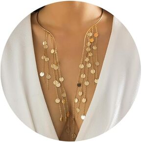 Metal Pearl Open Choker Necklace Adjustable Gold Pearl Choker Necklaces for Women Round Open Cuff Necklace Elegant Cuff Collar Necklace Statement Chain Necklace for Women (Sequin)