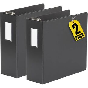 1InTheOffice Binder 3 Ring 4 Inch, Heavy Duty D-Ring Binder with Label Holder, Customizable Cover, 5" Capacity, 8.5 x 11, Black, (2 Pack)
