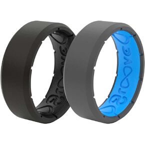 Edge Black/Black and Deep Stone Grey/Blue Silicone Ring Bundle - Breathable Rubber Wedding Rings for Men, Lifetime Coverage, Unique Design, Comfort Fit Ring - Size 8