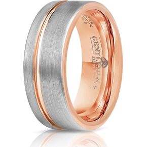 Men's Brushed Silver Tungsten Carbide Wedding Band - Premium Grade Tungsten Band Combined With Rose Gold - Includes Silicon Band, Leather Drawstring Pouch, & Luxury Walnut Ring Box