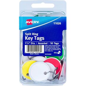 Avery Metal Rim Key Tags, 1.25" Diameter Tag, Metal Split Ring, Assorted Colors, 50 Tags (11026)