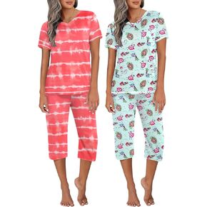 Ekouaer 2 Pack Women's Sleepwear Capri Pajama Sets Short Sleeve Two-Piece Pjs V Neck Tops & Capri Pants with Pockets S-3XL