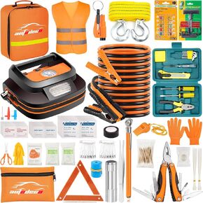 AUTODECO 131 PCS Car Roadside Emergency Kit with Air Compressor Jumper Cables Auto Vehicle Car Emergency Safety Kit Bag Tool Set for Women, Men, Teen