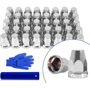 40Pcs Lug Nut Covers 33mm Flat Top Thread-on Nut Covers for Semi Trucks ABS Chrome Plastic Nut Covers with 1 Pair of Gloves and 1 Cover Puller