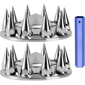 Spiked Wheel Covers for Semi Trucks - 2 Front and 4 Rear Axle Hub Covers with 33mm Thread-On Chrome Lug Nut Covers for Semi Truck (Installation Tool Included)