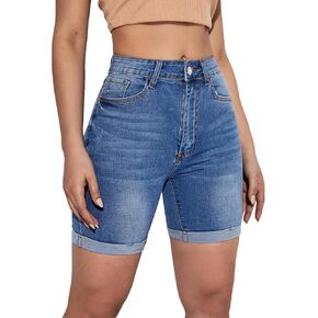 SweatyRocks Women's High Waist Roll Up Hem Denim Shorts Slim Fit Bermuda Jeans Shorts with Pockets