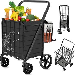 Grocery Cart on Wheels Folding Shopping Carts for Groceries 140L Jumbo with Removable Liner and Double Basket, 360° Rolling Laundry Cart Lightweight Trolley for Seniors 400 LBS Capacity