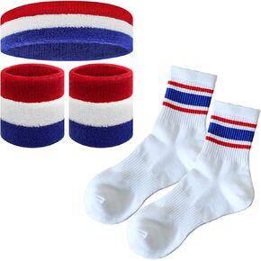 Unisex Striped Sweatbands Wristbands & Crew Sock Set, Vintage 70s 80s Party Sports Workout Costume Accessories