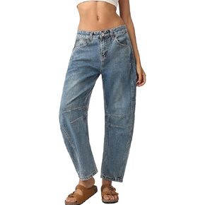 Barrel Jeans Women Wide Leg Low Rise Barrel Denim Pants Vintage Horseshoe Jeans with Pockets