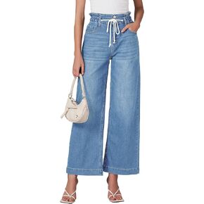 LookbookStore Womens Jeans Wide Leg High Waisted Trendy Elastic Wasit Drawstring Stretch Denim Pants Baggy Trouser Jeans