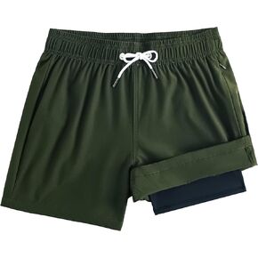 Mens Swim Trunks with Compression Liner 5 Inch Stretch Swim Shorts Quick Dry Beach Shorts with Zipper Pocket