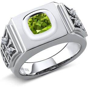 Gem Stone King Cushion Green Peridot White Topaz 925 Sterling Silver Men's Ring 2.49 Ct