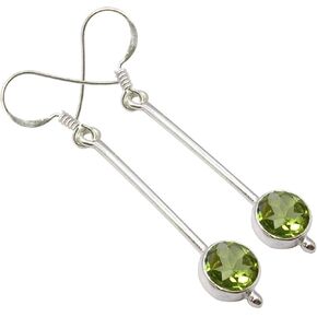 925 Solid Silver Peridot August Birthstone Pierced Earrings 2" Art Gift