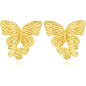 Dangle Gold Butterfly Earrings for Women 14K Gold Plated Double Butterfly Earrings Elegant Drop Insect Fairy Textured Butterfly Statement Earrings Trendy Spring Summer Party Jewelry Gift for Girls