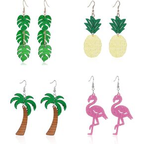 Pingyongchang 4 Pairs Cute Hawaiian Acrylic Earrings Tropical Coconut Palm Leaf Green Plant Pineapple Flamingo Dangle Drop Earrings for Womne Summer Beach Holiday Party Jewelry Gift