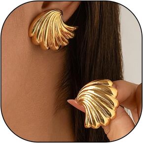 Chunky Drop Statement Earrings,14K Gold Geometric Big Shell Wings Dangle Earrings Thick Textured Wavy Earrings Party Prom Punk Retro Jewelry Gifts