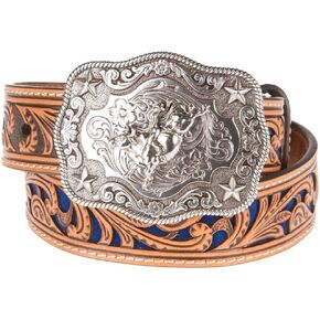 M&F Western Products Boys Brown Belt With Blue Inlay Scroll Brown 22