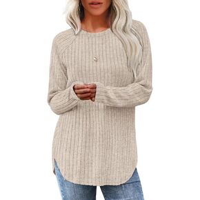 Saloogoe Long Sleeve Shirts for Women Tunic Tops for Women Loose Fit Dressy Crew Neck Pullover Basic Sweaters for Women 2024