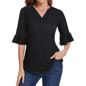 Sureple V Neck 3/4 Length Bell Sleeve Tops for Women Causal Loose Fit Tunic Blouses