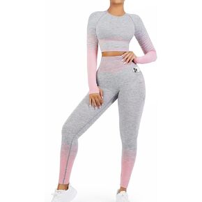 FeelinGirl Workout Outfit for Women 2 Piece Matching Sets Long Sleeve Crop Top High Waist Legging With Pocket