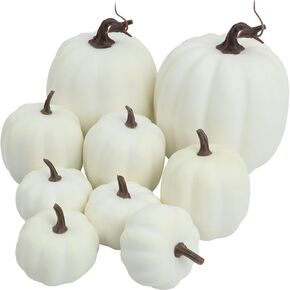 9 PCS White Pumpkin - Large Pumpkin Decor - Fake Foam Artificial Pumpkin for Fall Harvest Halloween Thanksgiving Decor, DIY Home Tabletop Centerpiece (White)