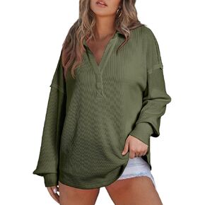 سويت شيرت نسائي كبير الحجم من AlvaQ فضفاض بياقة على شكل V وأكمام طويلة مع طية صدر السترة وياقة وافل متماسكة عالية ومنخفضة in Kuwait