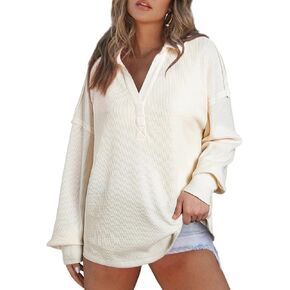 AlvaQ Womens Oversized Sweatshirt Loose V Neck Long Sleeve Lapel Collared Waffle Knit High Low Pullover Tops