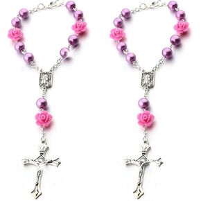 2 Pieces Car Rosary Pink Love Heart Rearview Mirror Auto Rosary Religious Car Mirror Hanging Accessories Lourdes Medal and Cross for Car Personalized Protection Charm for Auto Decors