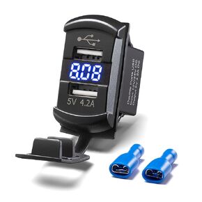 USB Rocker Switch,Quick Charge Dual USB Car Charger Socket with Blue LED Digital Voltage Meter for Boats, Boats, Motorbikes, Trucks, Golf Carts.