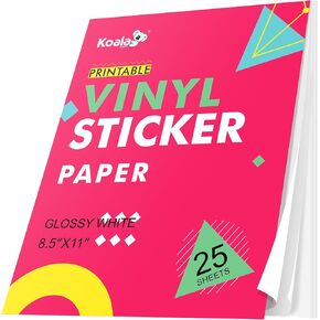 Koala Printable Vinyl Sticker Paper for Inkjet and Laser Printers, 25 Sheets Glossy White Waterproof Sticker Paper, 8.5x11 Inch Sticker Printer Paper For Print Your Own Stickers