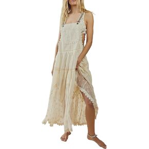 ebossy Women's Laced Embroidered Tulle Bib Dress Casual Loose Adjustable Straps Maxi Dress